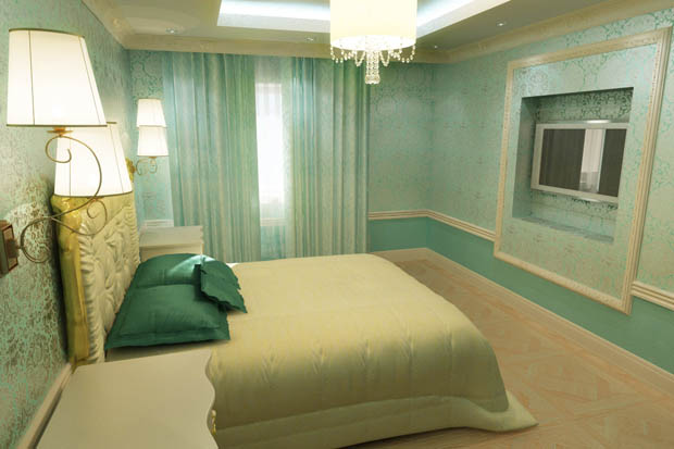 แบบห้องนอน ตกแต่งสวยด้วย วอลเปเปอร์ลายหลุยส์สีฟ้าแกมเขียว - ห้องนอน - วอลเปเปอร์ - แต่งผนังห้องนอน - วอลเปเปอร์ลายหลุยส์ - ผนังสีฟ้าแกมเขียว