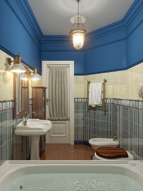 ห้องน้ำสีน้ำเงิน กระเบื้องลายทาง ตกแต่งด้วยลูกเล่นเก๋ๆ แสนน่ารัก - แบบห้องน้ำ - ห้องน้ำสีน้ำเงิน - ลวดลายขวาง