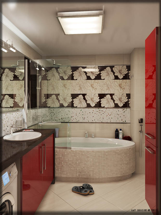 แต่งห้องน้ำใช้สีแดงสร้างจุดโดดเด่น สะดุดตา งดงาม! - ตกแต่งห้องน้ำ - แบบห้องน้ำสวย - แต่งห้องน้ำสีแดง - กระเบื้องลายดอกไม้ - อ่างอาบน้ำสวย