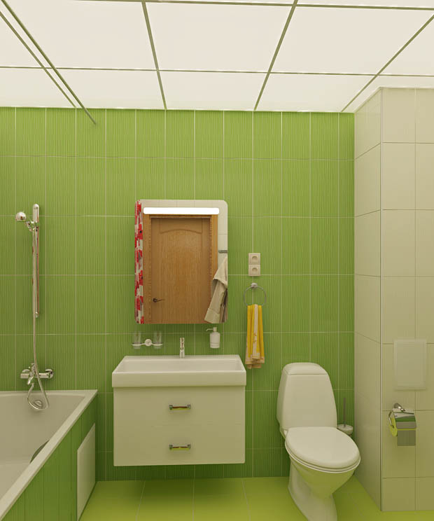แต่งห้องน้ำแบบเรียบง่าย กระเบื้องสีเขียว ผนังลายดอกไม้สีสันสดใส - แต่งห้องน้ำ - กระเบื้องสีเขียว - แต่งผนังลายดอกไม้ - ม่านห้องน้ำ - แต่งห้องน้ำเรียบง่าย
