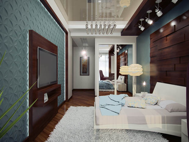 แบบห้องนอน สวย สบาย สว่าง แต่งผนังแผ่นไม้ งดงาม!! - แต่งห้องนอน - ผนังสีฟ้าสวย - วอลเปเปอร์สีฟ้า - แต่งผนังแผ่นไม้ - สปอร์ตไลท์หัวนอน - ห้องนอน