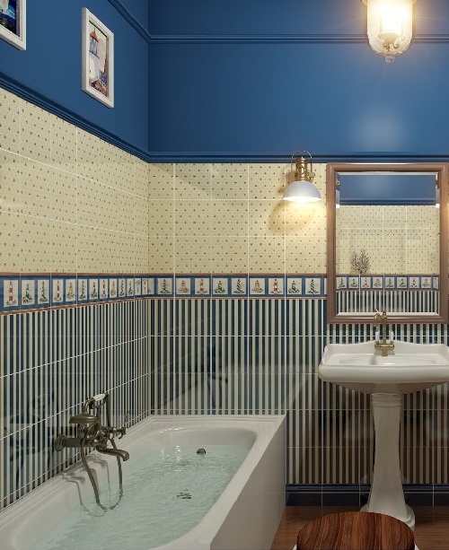 ห้องน้ำสีน้ำเงิน กระเบื้องลายทาง ตกแต่งด้วยลูกเล่นเก๋ๆ แสนน่ารัก - แบบห้องน้ำ - ห้องน้ำสีน้ำเงิน - ลวดลายขวาง - แต่งห้องน้ำให้ดูสูง