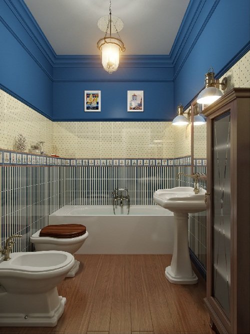 ห้องน้ำสีน้ำเงิน กระเบื้องลายทาง ตกแต่งด้วยลูกเล่นเก๋ๆ แสนน่ารัก