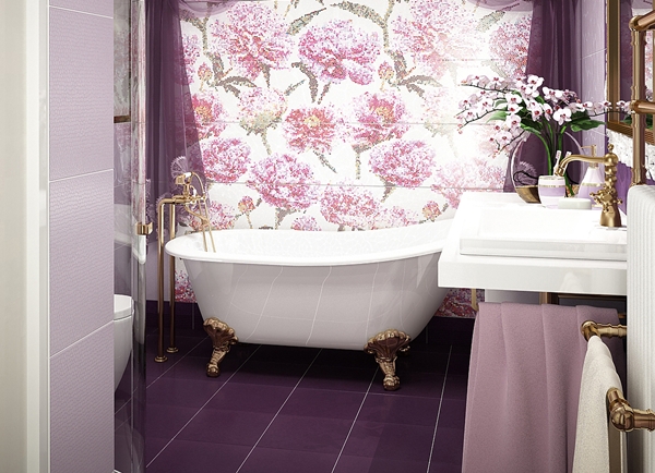 สวยเริ่ด! ห้องน้ำสีม่วง สไตล์วินเทจ แต่งด้วยลายดอกไม้ งามตาเป็นที่สุด!! - แบบห้องน้ำสีม่วง - แต่งห้องน้ำสวยสีม่วง - ห้องน้ำแนววินเทจ - อ่างอาบน้ำคลาสสิค - แต่งผนังลายดอกไม้ - ห้องน้ำสวย