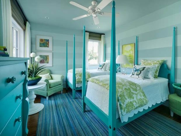 น่ารักซะ!! สดใส กับห้องนอนสีฟ้าแกมเขียว และเก๋ด้วยเตียงนอน 4 เสา...