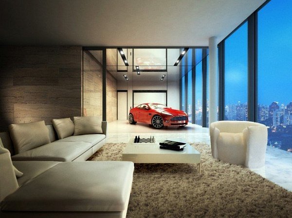 Szingapúri penthouse luxuslakás beltéri parkolóval a nappaliban
