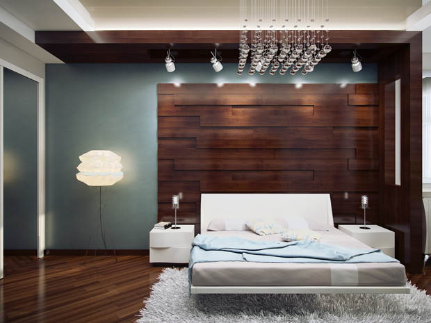 แบบห้องนอน สวย สบาย สว่าง แต่งผนังแผ่นไม้ งดงาม!! - แต่งห้องนอน - ผนังสีฟ้าสวย - วอลเปเปอร์สีฟ้า - แต่งผนังแผ่นไม้ - สปอร์ตไลท์หัวนอน - ห้องนอน