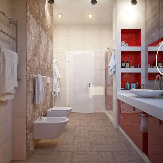 ห้องน้ำ แต่งเคาเตอร์สีแดงมีช่องเพดาน สวย สว่าง! - ห้องน้ำ - เคาเตอร์สีแดง - แบบห้องน้ำโล่ง - ตกแต่งห้องน้ำ - การออกแบบห้องน้ำ