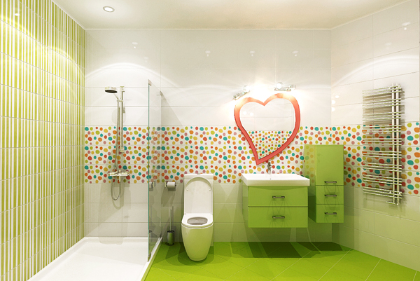 ห้องน้ำลายจุด สีเขียวสะท้อนแสง ซู่ซ่า แซ่บเว่อร์ ! - แบบห้องน้ำ - ตกแต่งห้องน้ำ - ห้องน้ำสวยสีสดใส - แต่งห้องน้ำลายจุด - ห้องน้ำสีเขียว - สีเขียวสะท้อนแสง