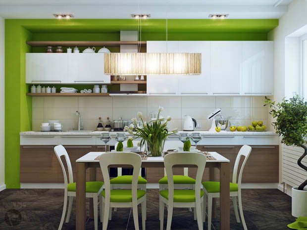 แต่งห้องครัวให้สดใสด้วยสีเขียว พร้อมโต๊ะทานอาหารแสนสวย