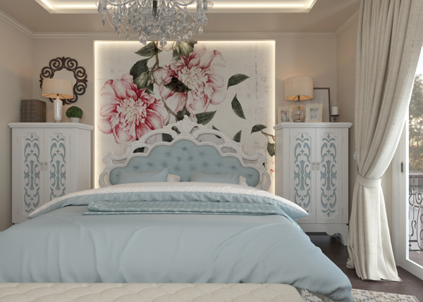 ห้องนอนสีฟ้าสไตล์วินเทจ สวยเด่นด้วยภาพวาดลายดอกไม้ - ตกแต่งห้องนอน - แบบห้องนอนสวย - ห้องนอนสีฟ้า - ห้องนอนสไตล์วินเทจ - แต่งห้องภาพลายดอกไม้