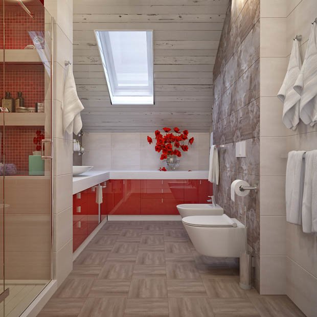 ห้องน้ำ แต่งเคาเตอร์สีแดงมีช่องเพดาน สวย สว่าง!