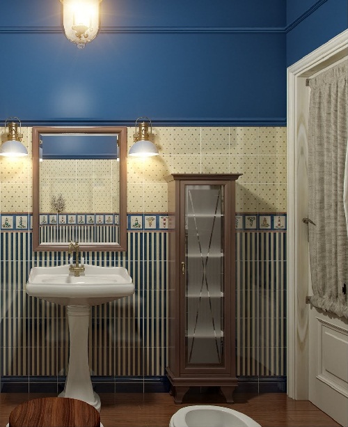 ห้องน้ำสีน้ำเงิน กระเบื้องลายทาง ตกแต่งด้วยลูกเล่นเก๋ๆ แสนน่ารัก - แบบห้องน้ำ - ห้องน้ำสีน้ำเงิน - ลวดลายขวาง