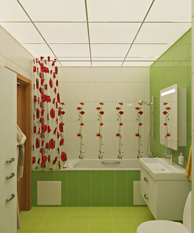 แต่งห้องน้ำแบบเรียบง่าย กระเบื้องสีเขียว ผนังลายดอกไม้สีสันสดใส
