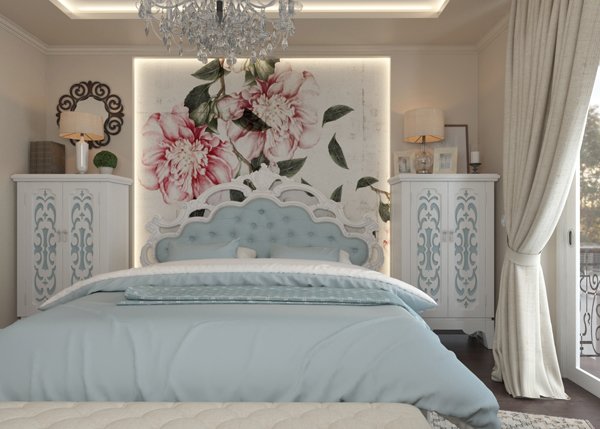 ห้องนอนสีฟ้าสไตล์วินเทจ สวยเด่นด้วยภาพวาดลายดอกไม้