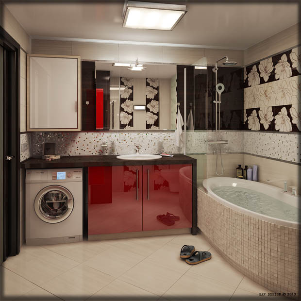 แต่งห้องน้ำใช้สีแดงสร้างจุดโดดเด่น สะดุดตา งดงาม! - ตกแต่งห้องน้ำ - แบบห้องน้ำสวย - แต่งห้องน้ำสีแดง - กระเบื้องลายดอกไม้ - อ่างอาบน้ำสวย