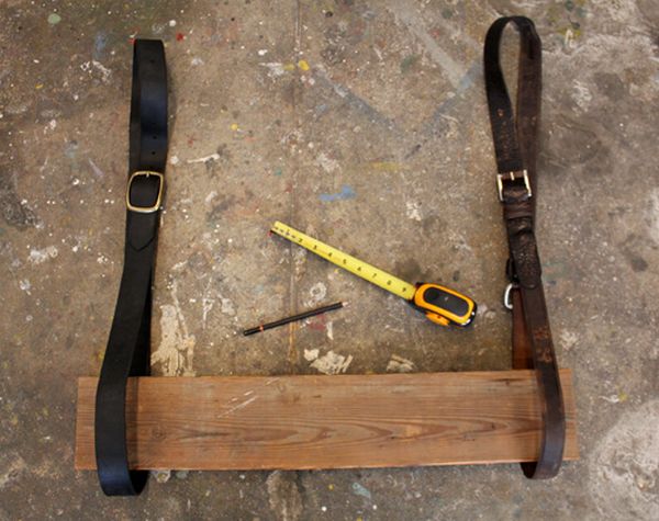 Creative DIY Recycled Leather & Wood Shelf - DIY - Hanging leather shel - Leather & wood shelf