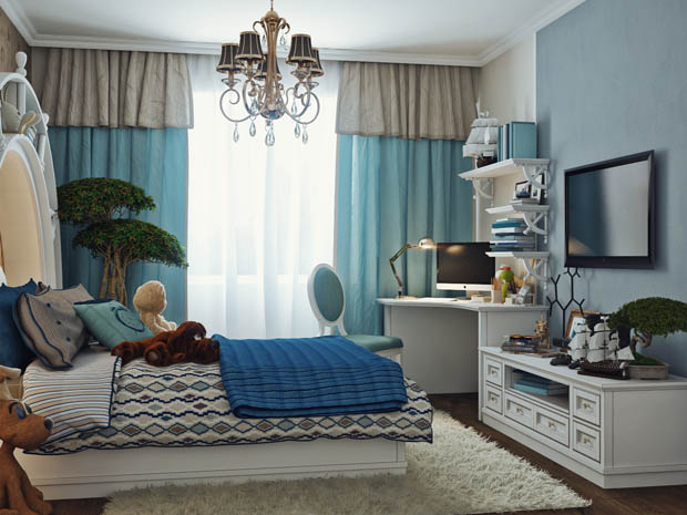แต่งห้องนอนผนังสีฟ้า สดใสน่ารัก แต่งหัวเตียงด้วยชั้นวางหนังสือทรงโค้ง - ห้องนอนสีฟ้า - แบบห้องนอนน่ารัก - เฟอร์นิเจอร์ - ชั้นวางหนังสือ - แต่งห้องนอนสุดน่ารัก - การแต่งห้องนอน - จัดห้องนอนสีฟ้า