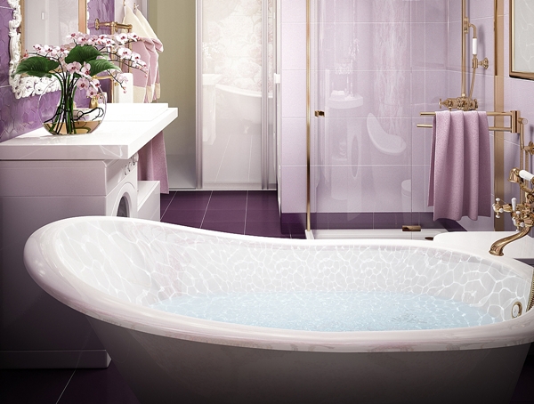 สวยเริ่ด! ห้องน้ำสีม่วง สไตล์วินเทจ แต่งด้วยลายดอกไม้ งามตาเป็นที่สุด!! - แบบห้องน้ำสีม่วง - แต่งห้องน้ำสวยสีม่วง - ห้องน้ำแนววินเทจ - อ่างอาบน้ำคลาสสิค - แต่งผนังลายดอกไม้ - ห้องน้ำสวย