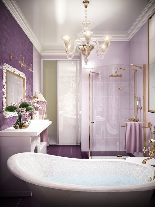 สวยเริ่ด! ห้องน้ำสีม่วง สไตล์วินเทจ แต่งด้วยลายดอกไม้ งามตาเป็นที่สุด!! - แบบห้องน้ำสีม่วง - แต่งห้องน้ำสวยสีม่วง - ห้องน้ำแนววินเทจ - อ่างอาบน้ำคลาสสิค - แต่งผนังลายดอกไม้ - ห้องน้ำสวย