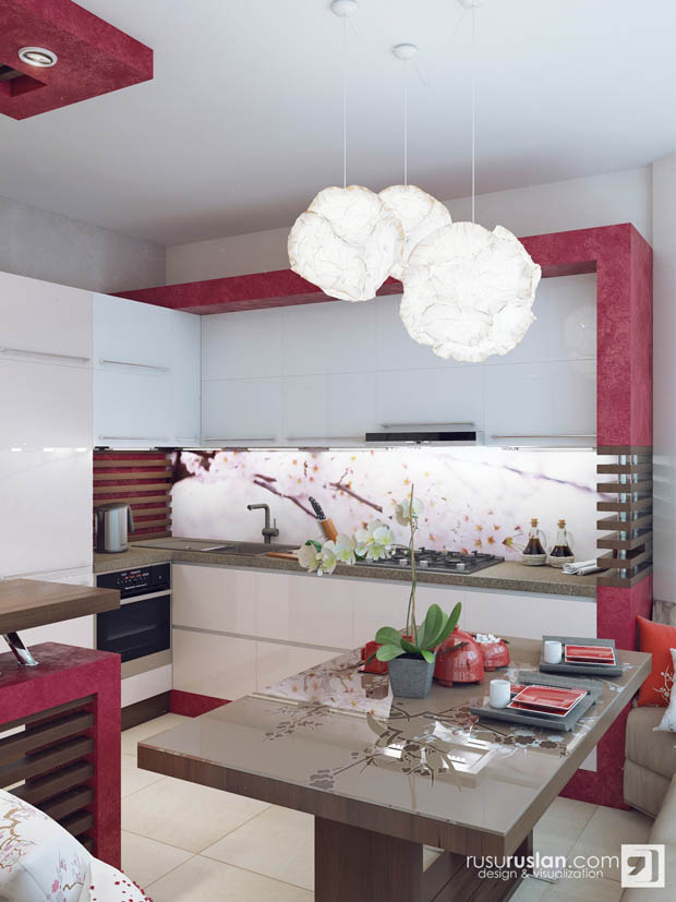 แบบห้องครัวสีขาว-แดงแสนลงตัว น่ารักคิขุ ดูทันสมัย สไตล์ญี่ปุ่น