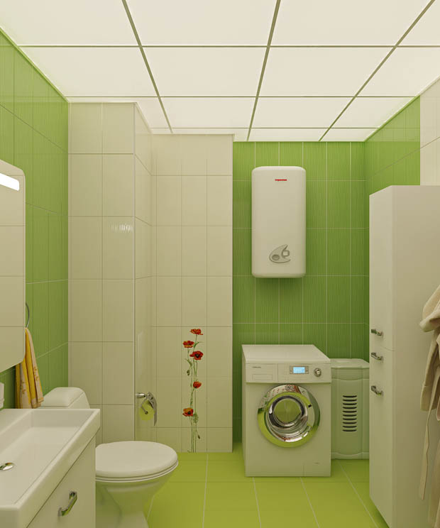 แต่งห้องน้ำแบบเรียบง่าย กระเบื้องสีเขียว ผนังลายดอกไม้สีสันสดใส - แต่งห้องน้ำ - กระเบื้องสีเขียว - แต่งผนังลายดอกไม้ - ม่านห้องน้ำ - แต่งห้องน้ำเรียบง่าย